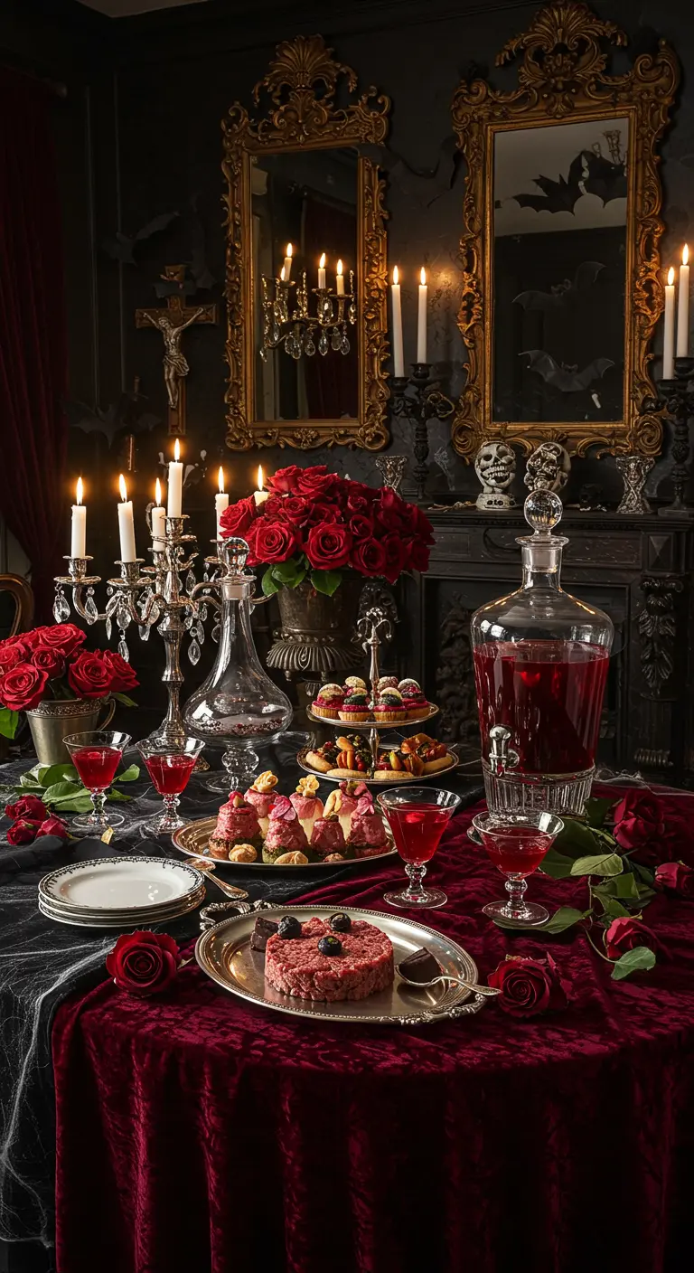 Buffet Halloween gothique, nappe velours rouge, miroirs dorés, roses, 