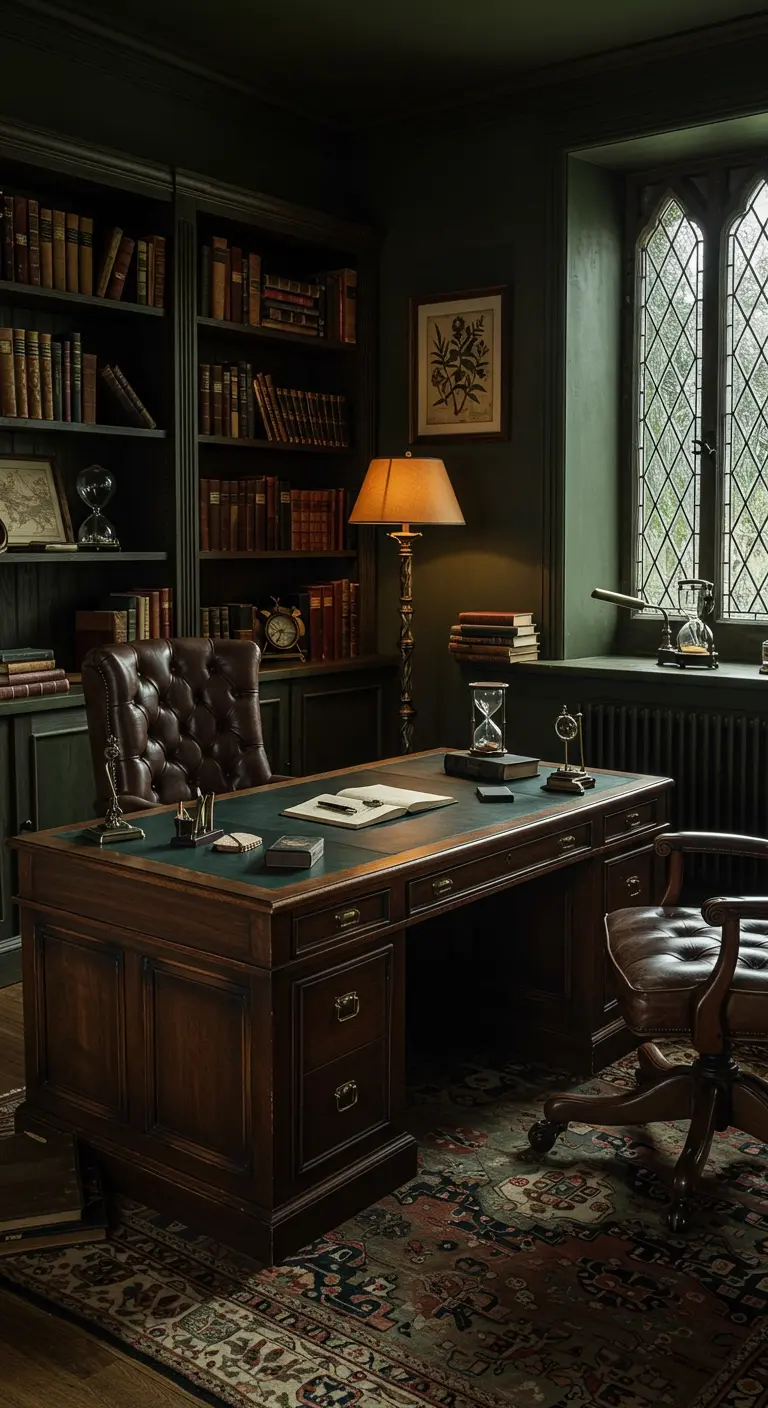 Bureau historique en bois sombre avec bibliothèque murale et fenêtre gothique