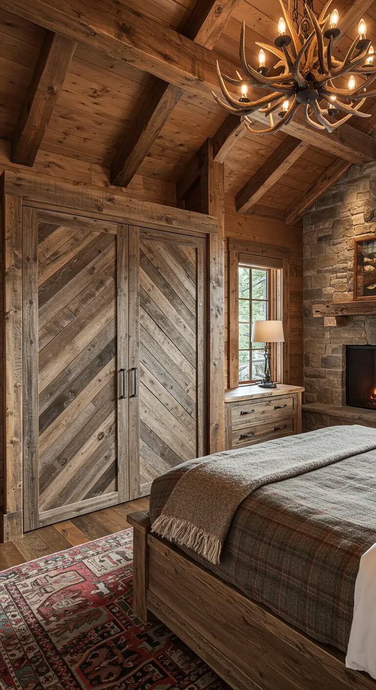 Portes de dressing en bois de récupération agencé en motif chevron.