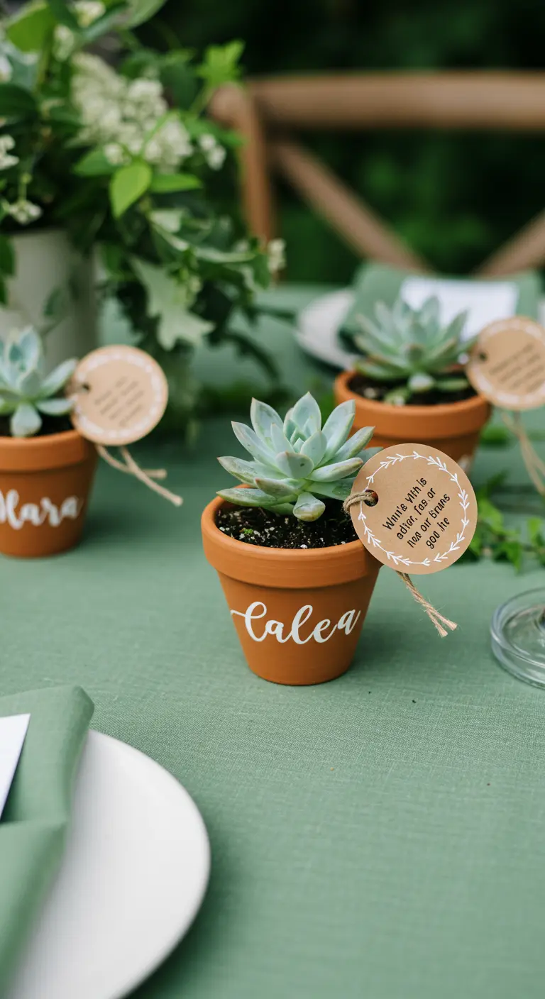 Mini-pots en terre cuite avec des plantes grasses et des noms d'invités.