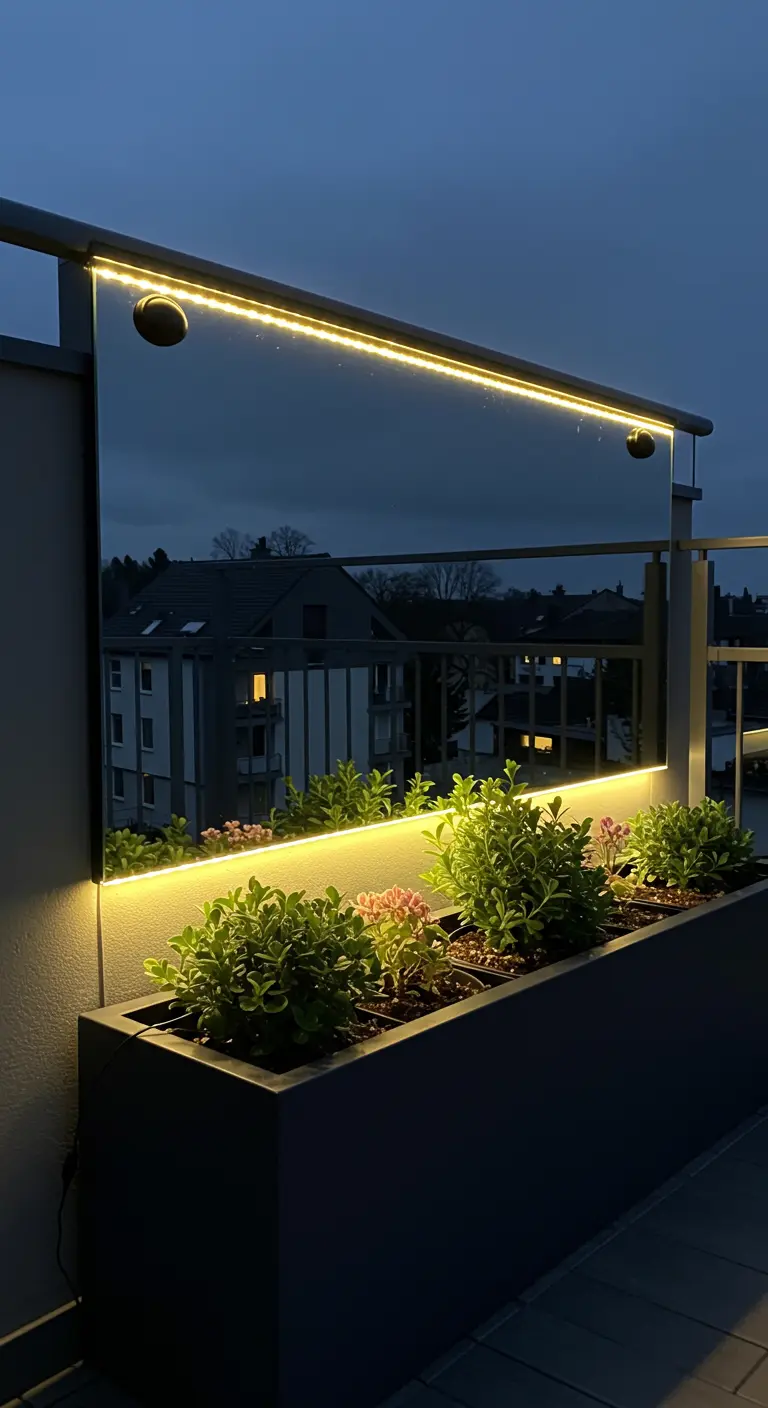 Miroir avec rétroéclairage par bande LED au-dessus d'une jardinière de balcon.