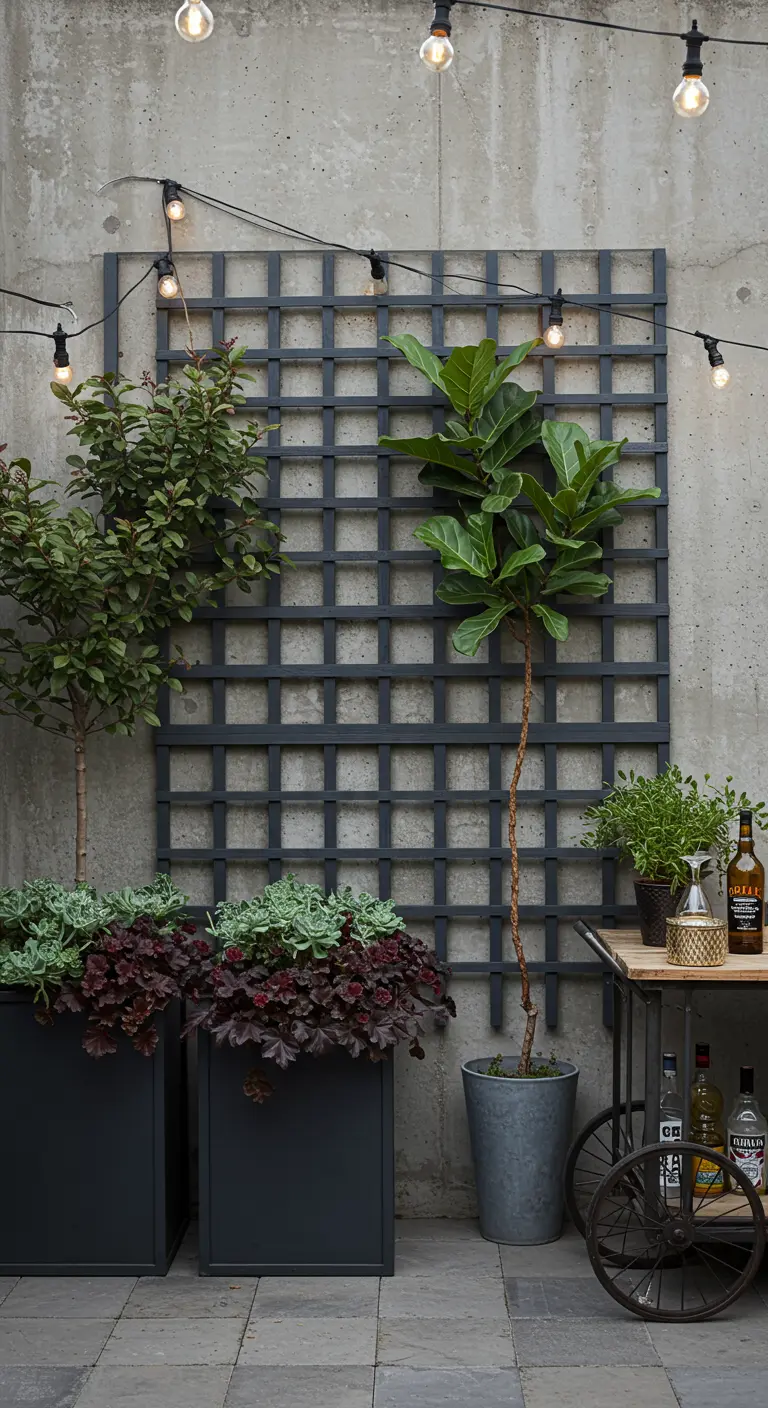 Grand treillis gris foncé sur mur en béton avec plantes grimpantes et succulentes en pots, guirlandes lumineuses.
