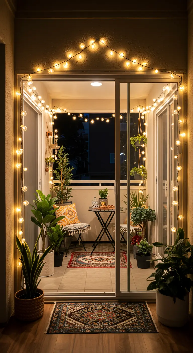 Vue depuis l'intérieur d'un salon vers un balcon, l'encadrement de la porte est bordé de guirlandes.
