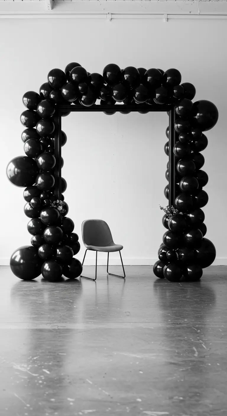 Cadre rectangulaire couvert de ballons noirs, créant un espace photobooth minimaliste.