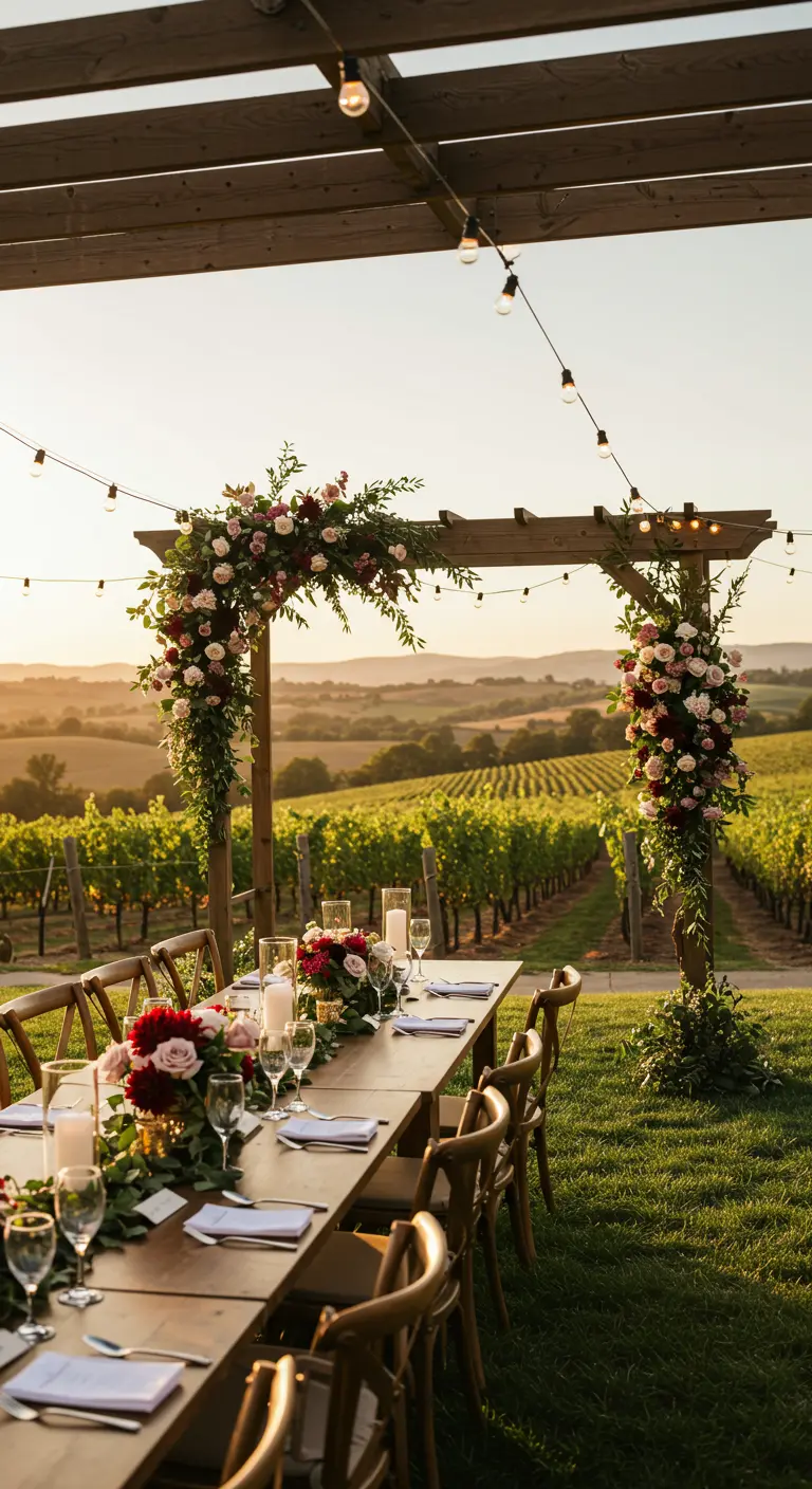 Arche en bois fleurie encadrant une table de mariage devant un paysage de vignobles.