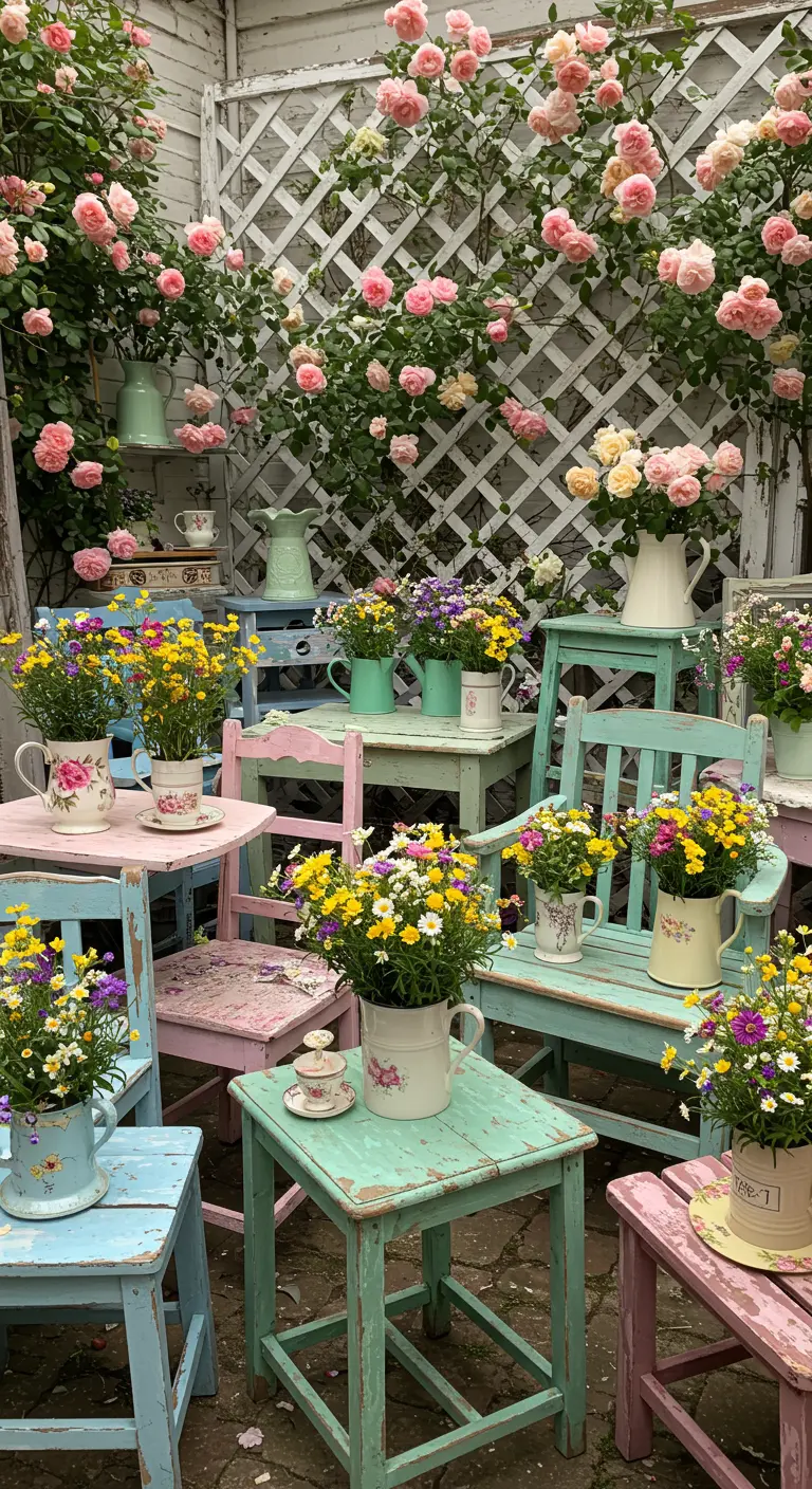 Collection de chaises et tables pastel avec des bouquets de fleurs sauvages.