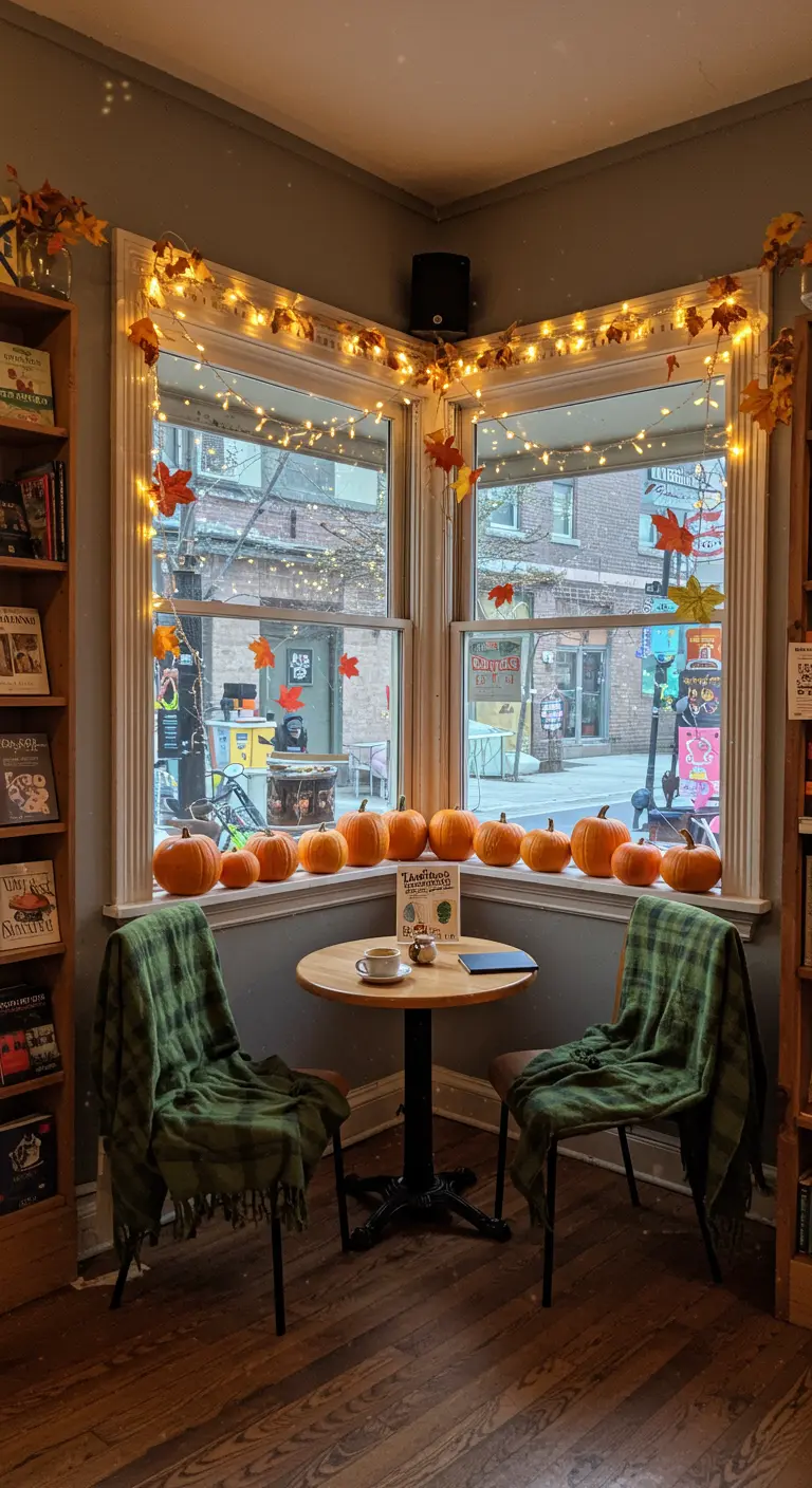 Coin café près d'une fenêtre décorée de citrouilles et de guirlandes