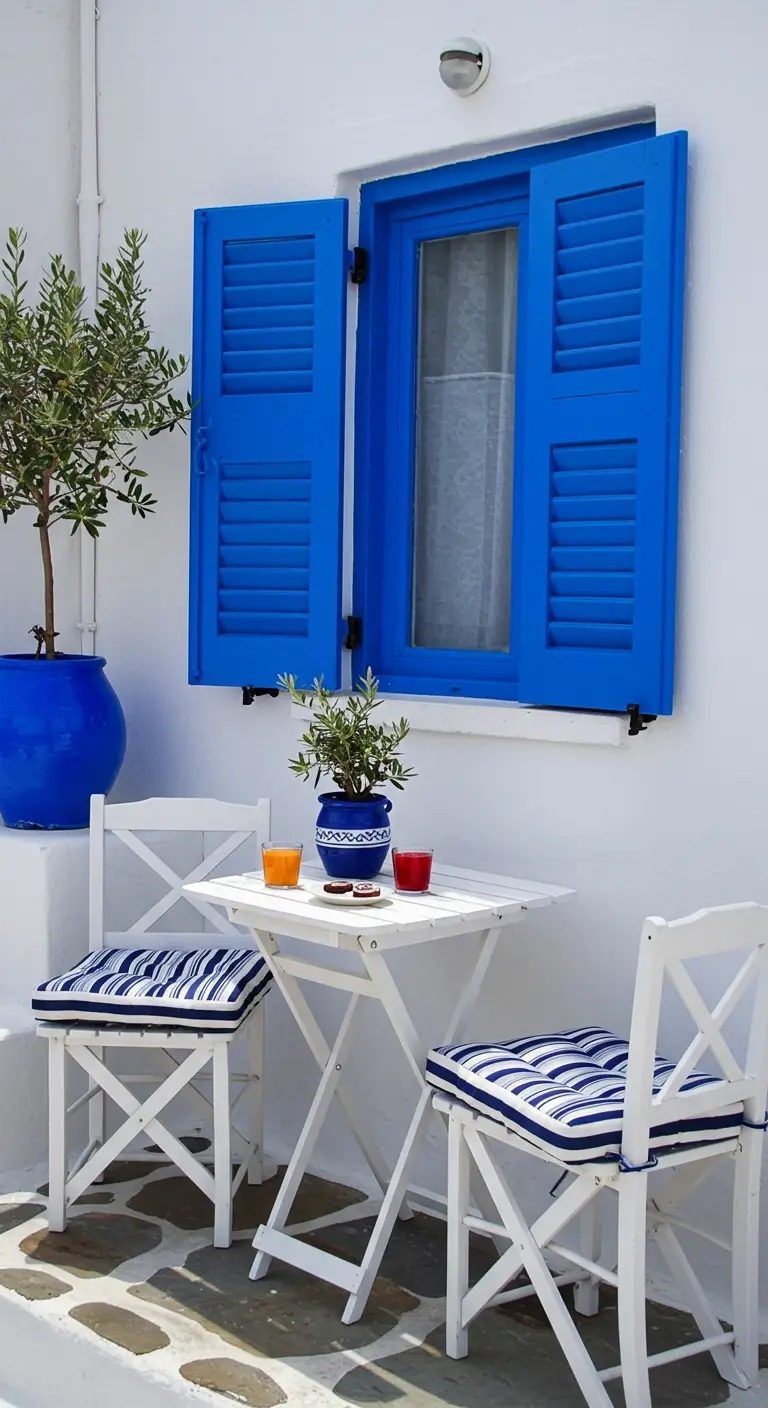Petite table blanche et chaises devant une fenêtre aux volets bleus vifs dans une ruelle grecque.