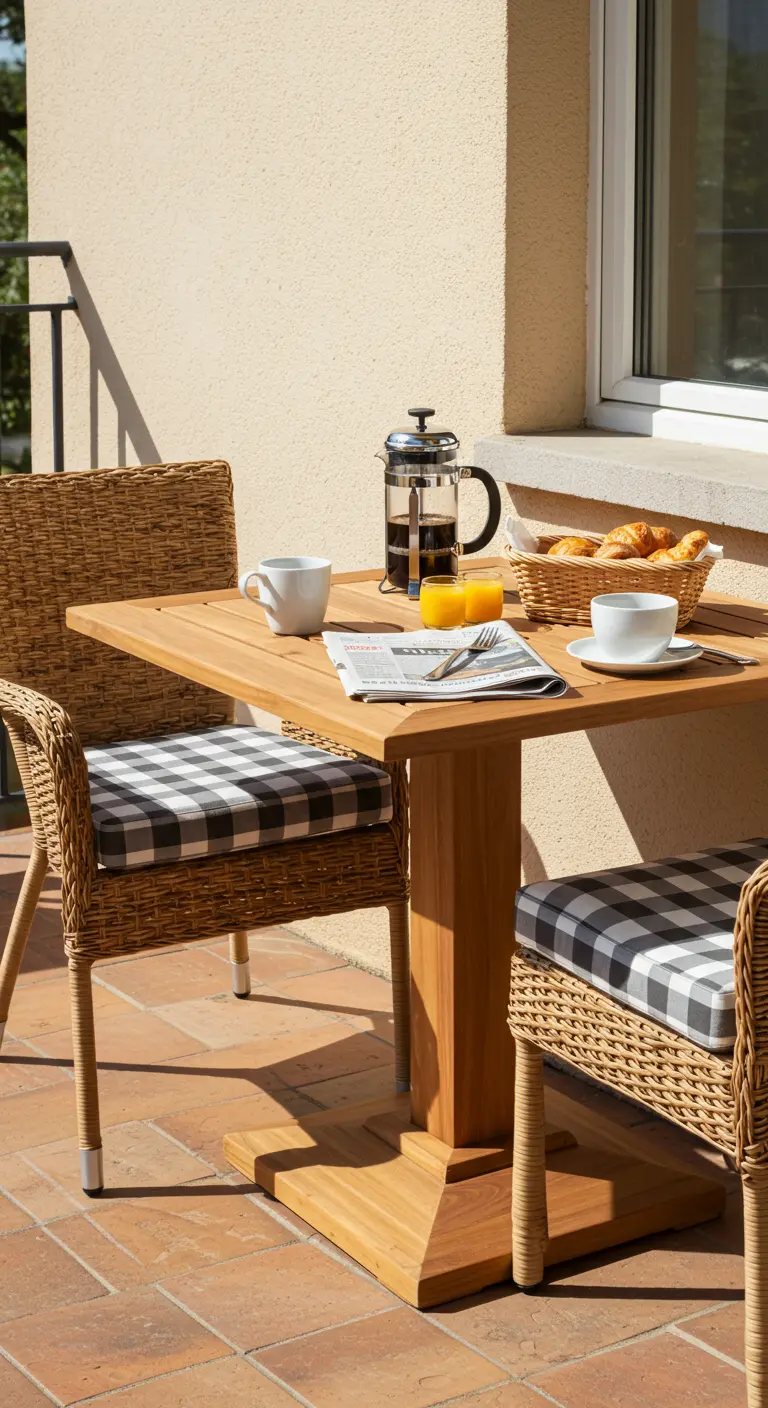 Table de petit-déjeuner pour deux sur un balcon ensoleillé, avec des coussins à carreaux.