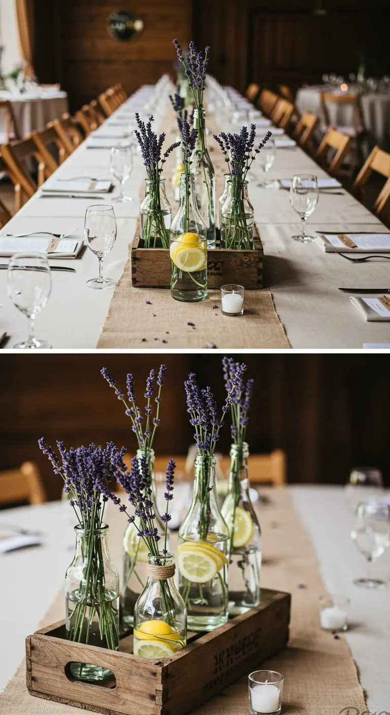 Caisse en bois avec des bouteilles de lavande et de rondelles de citron.