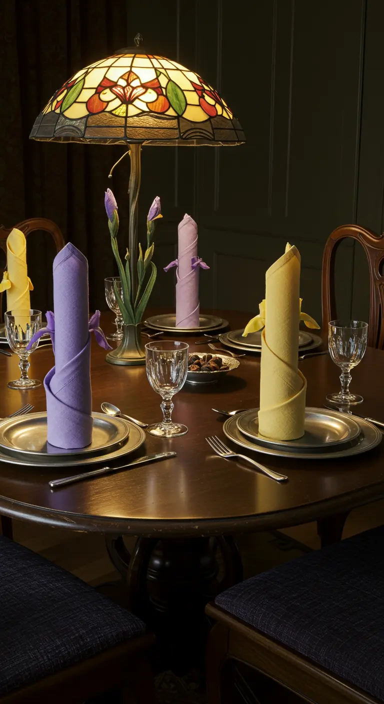 Table de dîner intime avec des serviettes de couleurs pastel pliées en forme de callas.