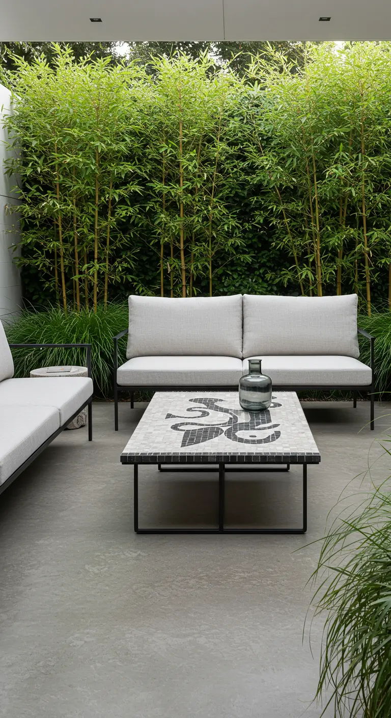 Table basse en mosaïque noir et blanc dans un patio moderne avec des bambous.