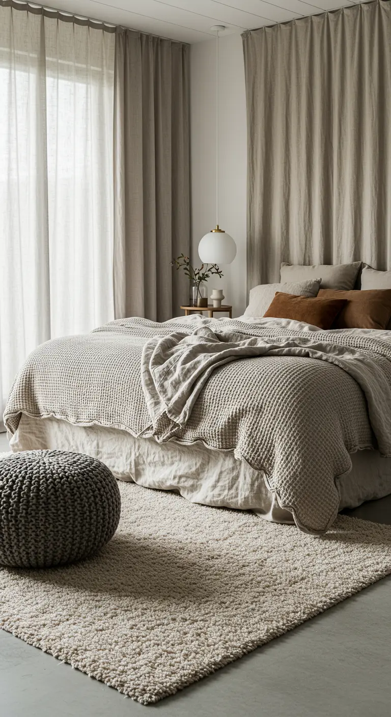 Chambre dans des tons beiges et gris avec un lit texturé, un tapis shaggy et un pouf en tricot.