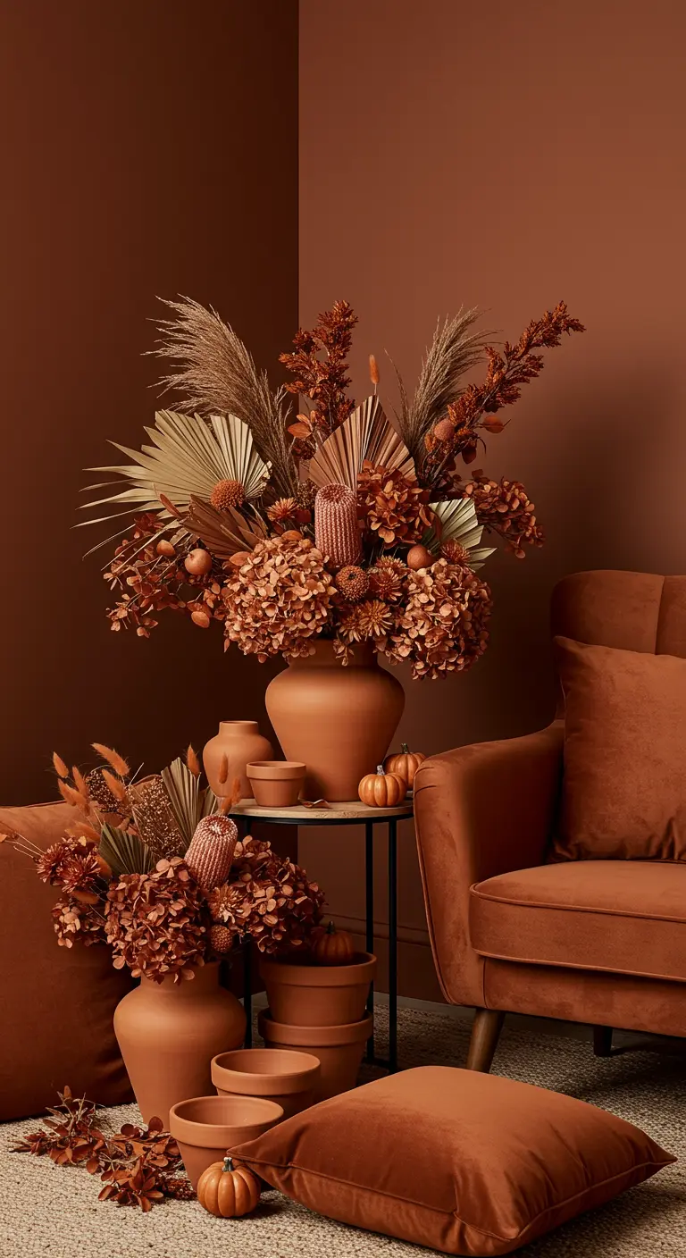 Coin de salon terracotta avec un fauteuil et de multiples bouquets de fleurs séchées monochromes.