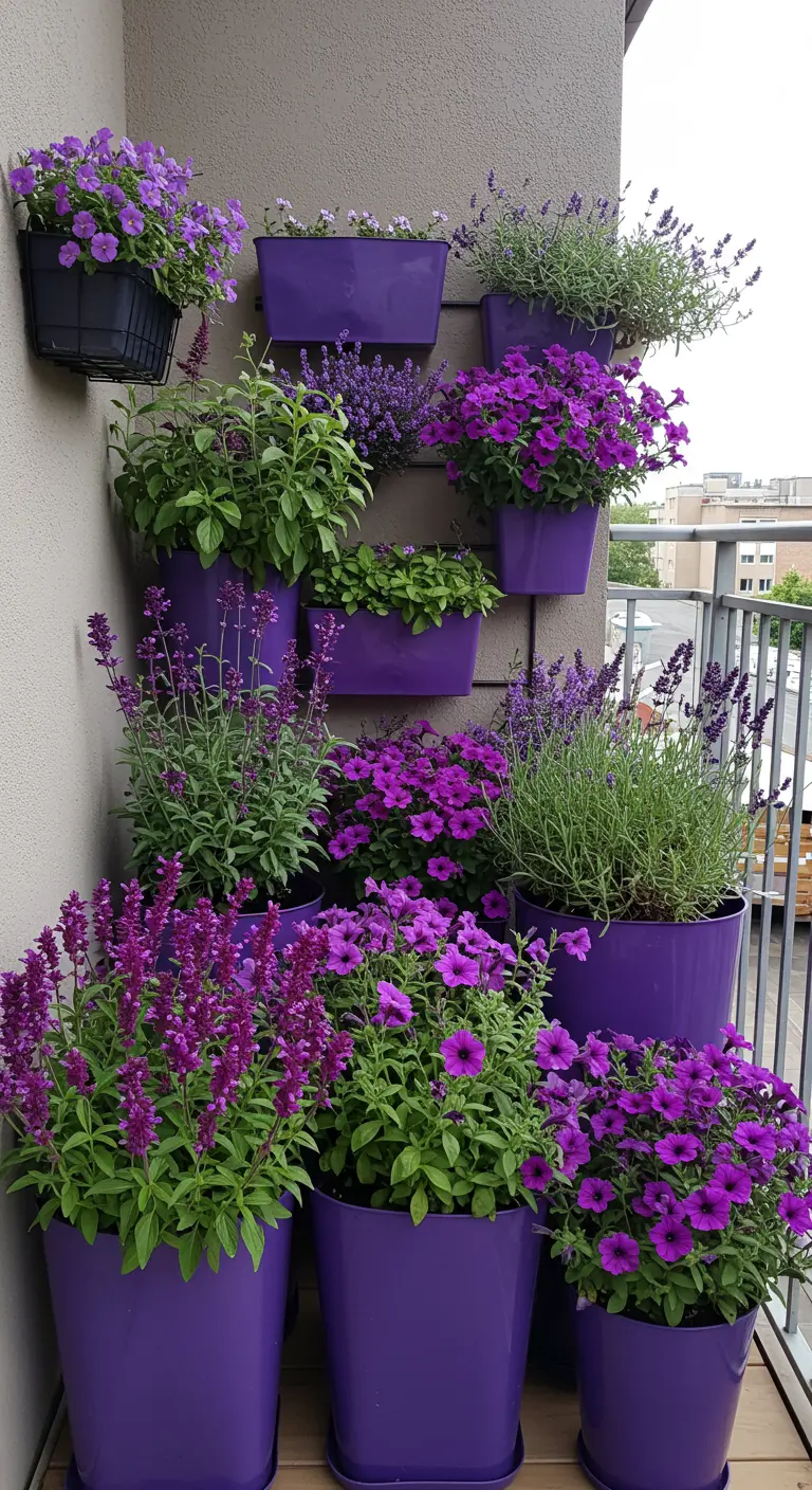 Un ensemble de jardinières et de fleurs dans différentes nuances de violet sur un balcon.