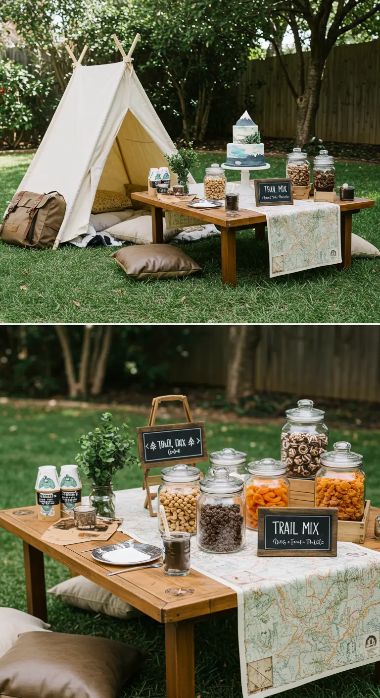 Tipi dans un jardin avec une table basse servant de bar à trail mix.