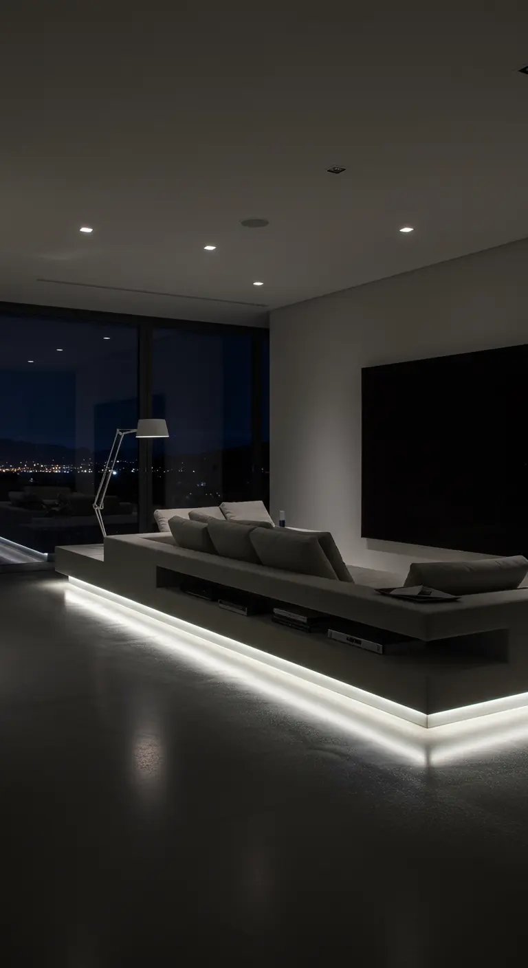 Un canapé moderne semble flotter grâce à un éclairage LED blanc en dessous.