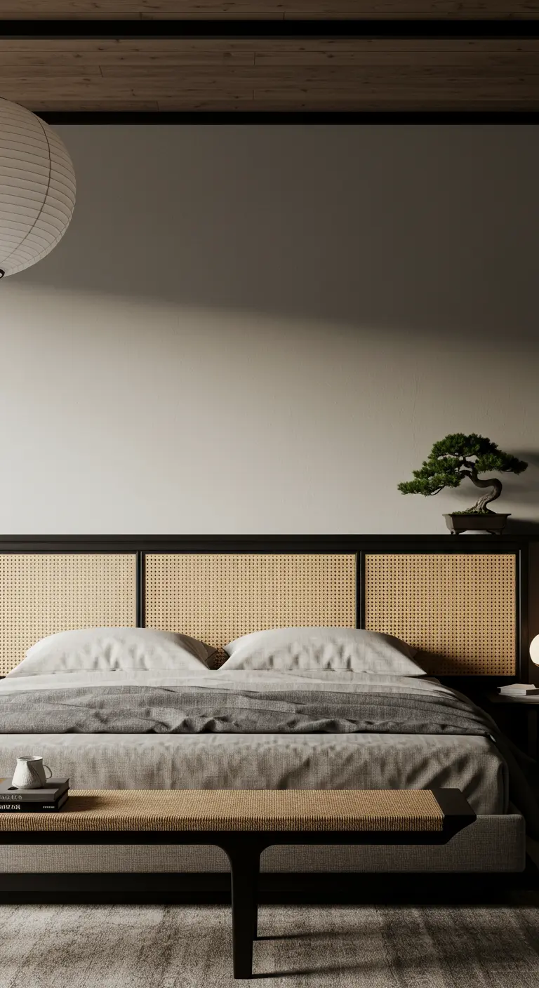 Tête de lit à panneaux en cannage naturel avec un cadre en bois noir.