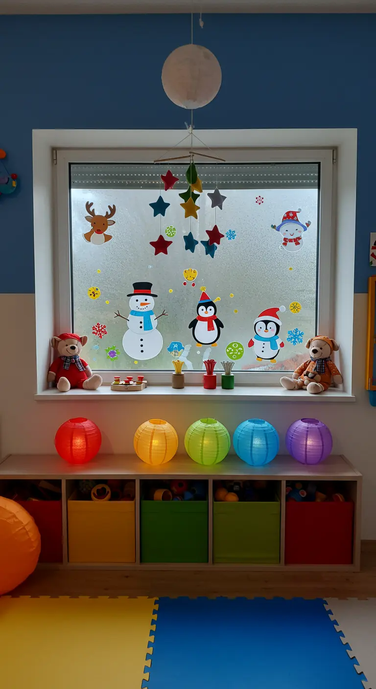 Fenêtre de chambre d'enfant avec stickers colorés de bonhomme de neige et pingouins.