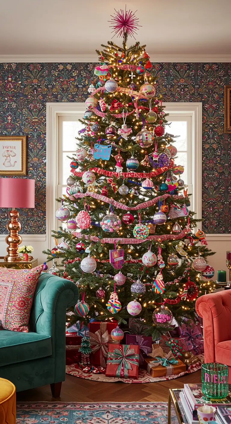 Un sapin de Noël très coloré et éclectique dans un salon vibrant.