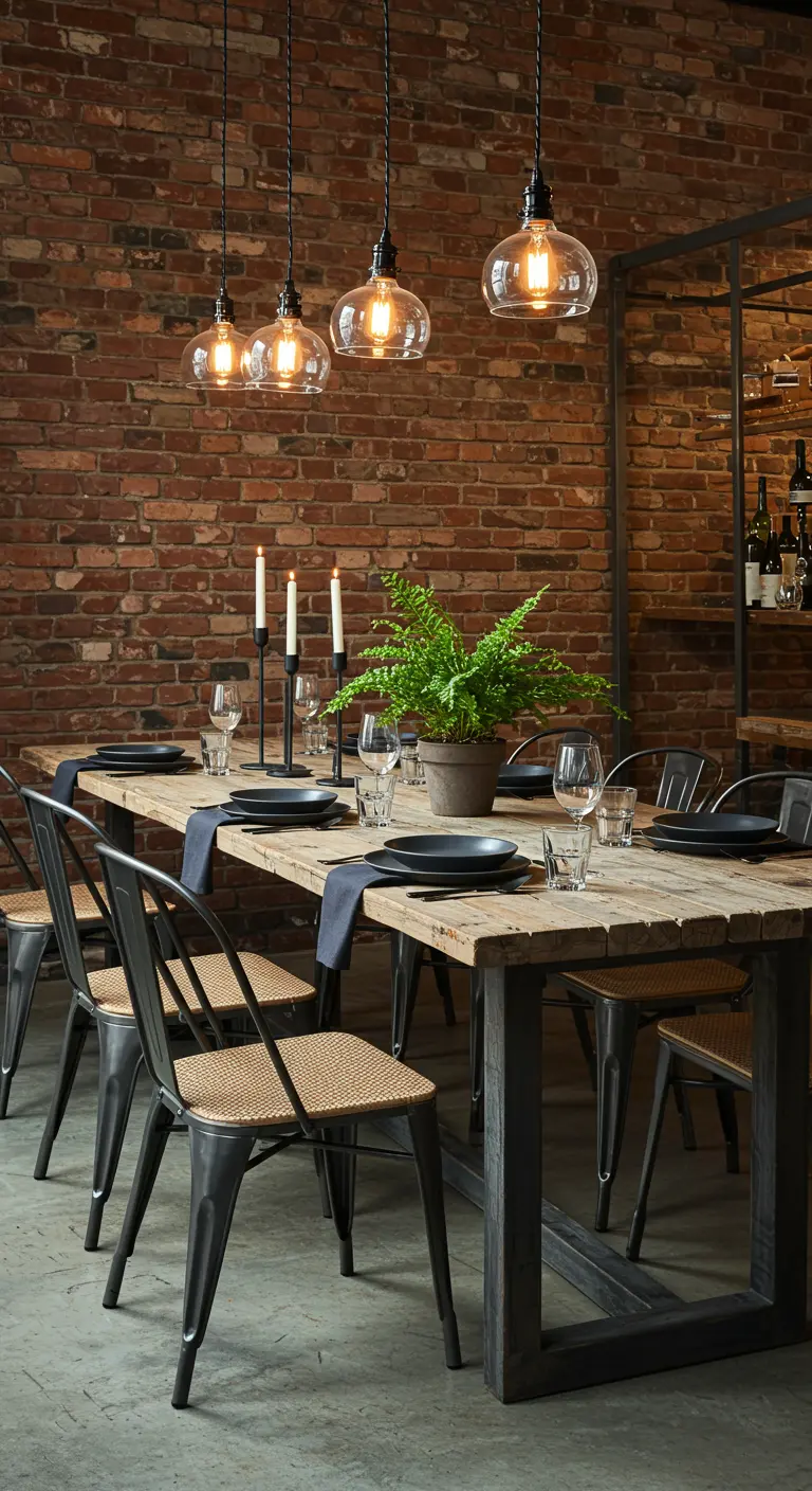 Table en bois brut et métal dans un cadre industriel avec murs de briques et fougère en centre de table.