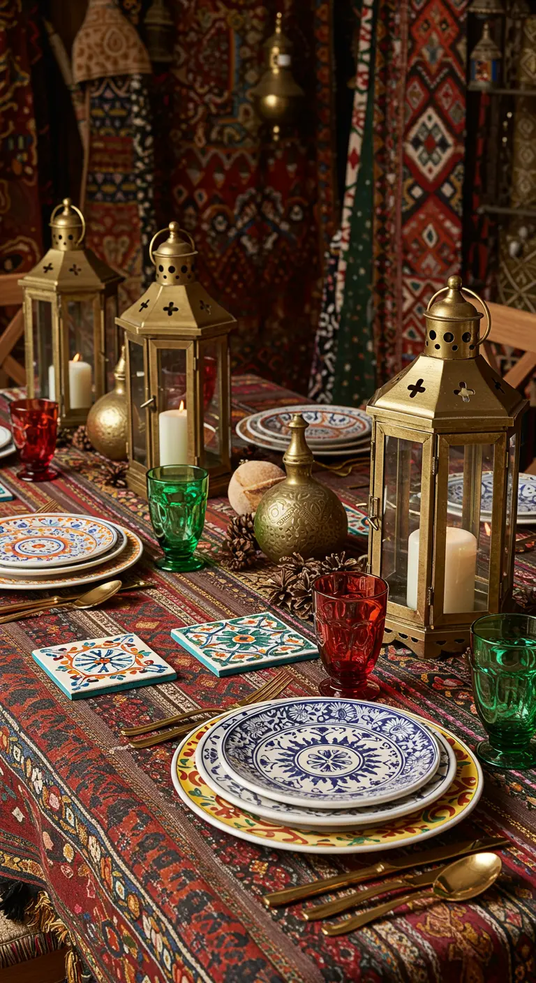 Table de fête d'inspiration orientale avec des lanternes et des sous-verres en céramique.
