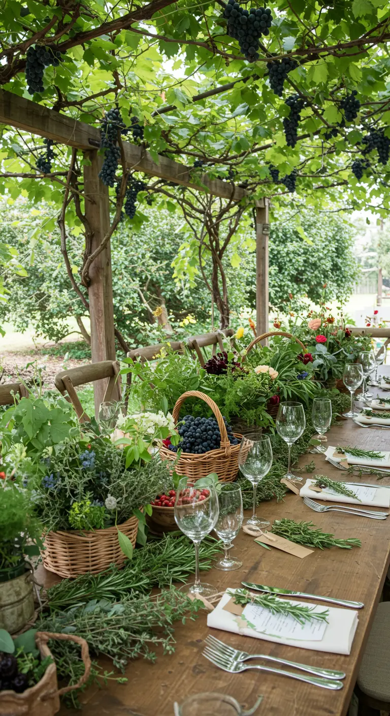 Table de jardin décorée de paniers remplis de fruits, herbes et fleurs.