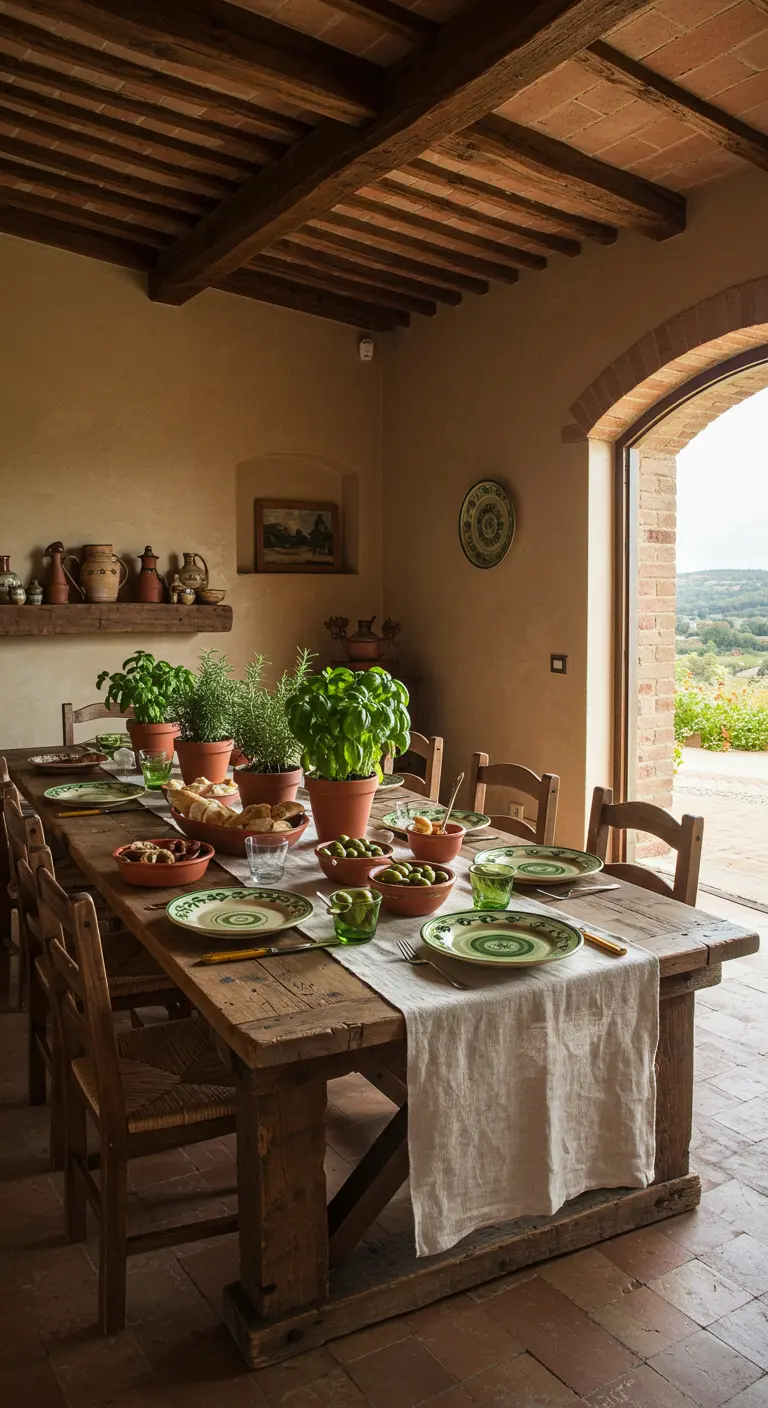 Table rustique en bois avec des pots de basilic en terre cuite.