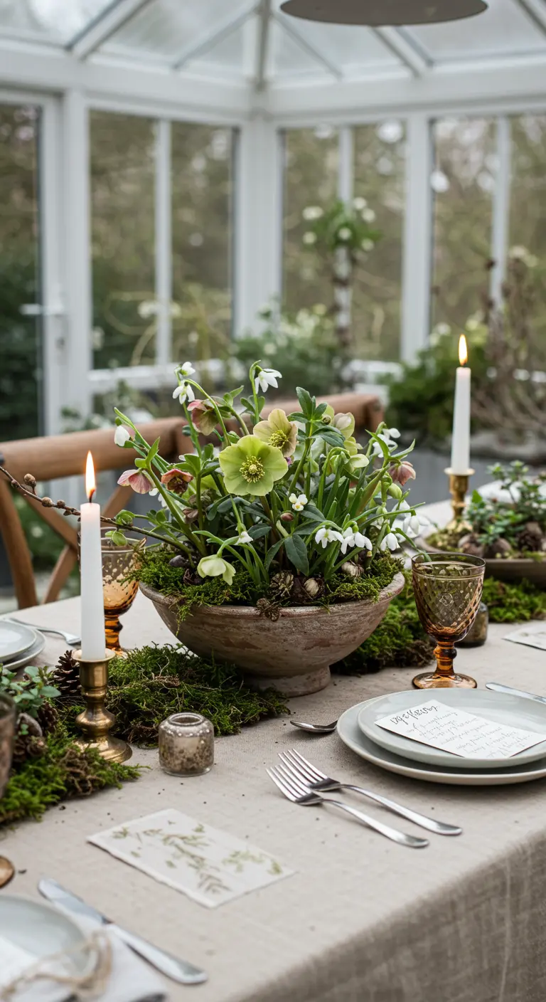 Centre de table composé d'hellébores et de mousse dans une coupe en terre cuite sur une table de fête.