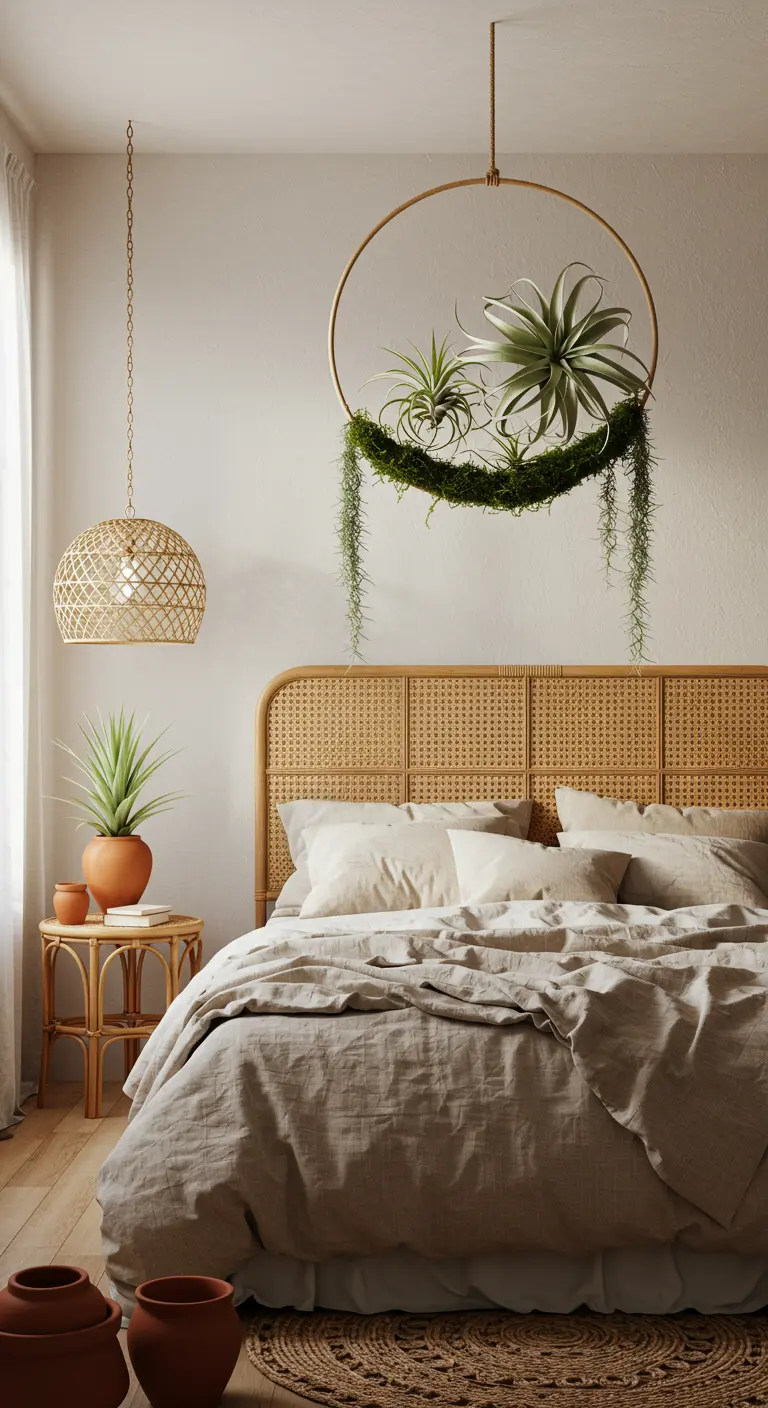 Un grand cerceau en laiton suspendu au-dessus d'un lit, décoré de plantes aériennes et de mousse.