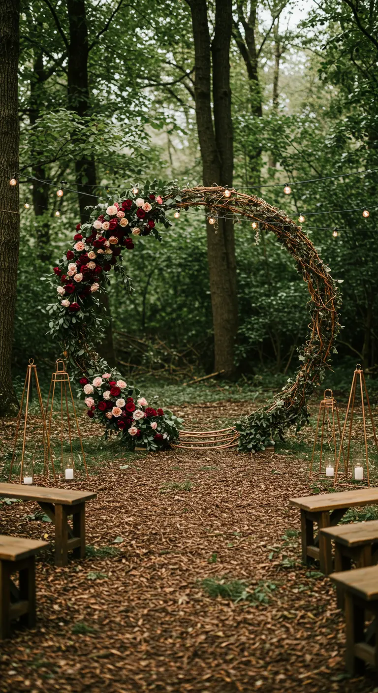 Arche de mariage circulaire en bois dans une forêt, ornée de roses rouges et roses.