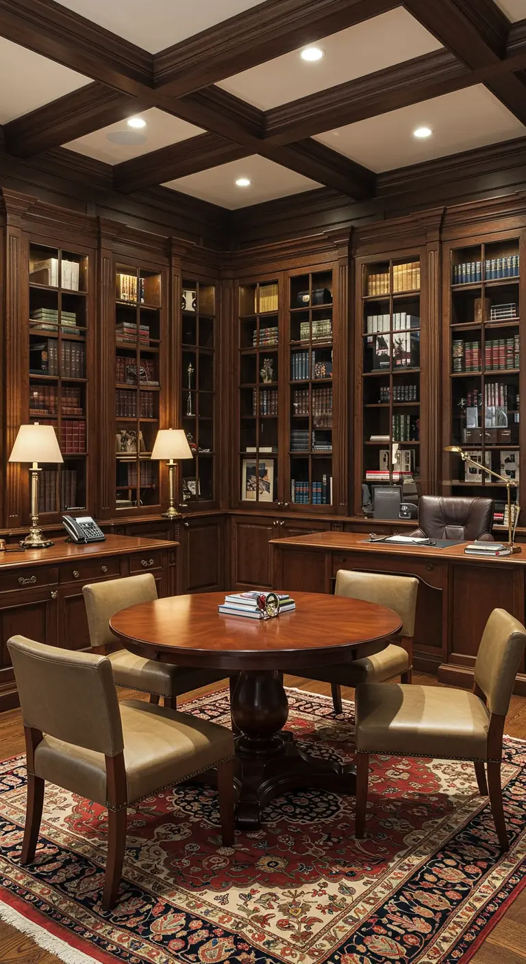 Bureau traditionnel en bois avec une table de réunion ronde au centre.