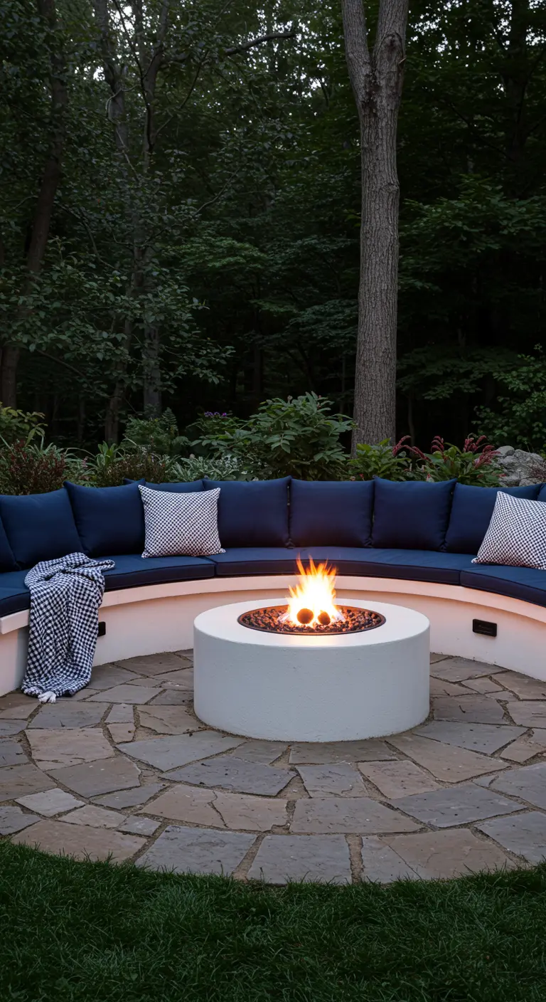 Banquette d'extérieur incurvée blanche avec coussins marine, autour d'un brasero rond.