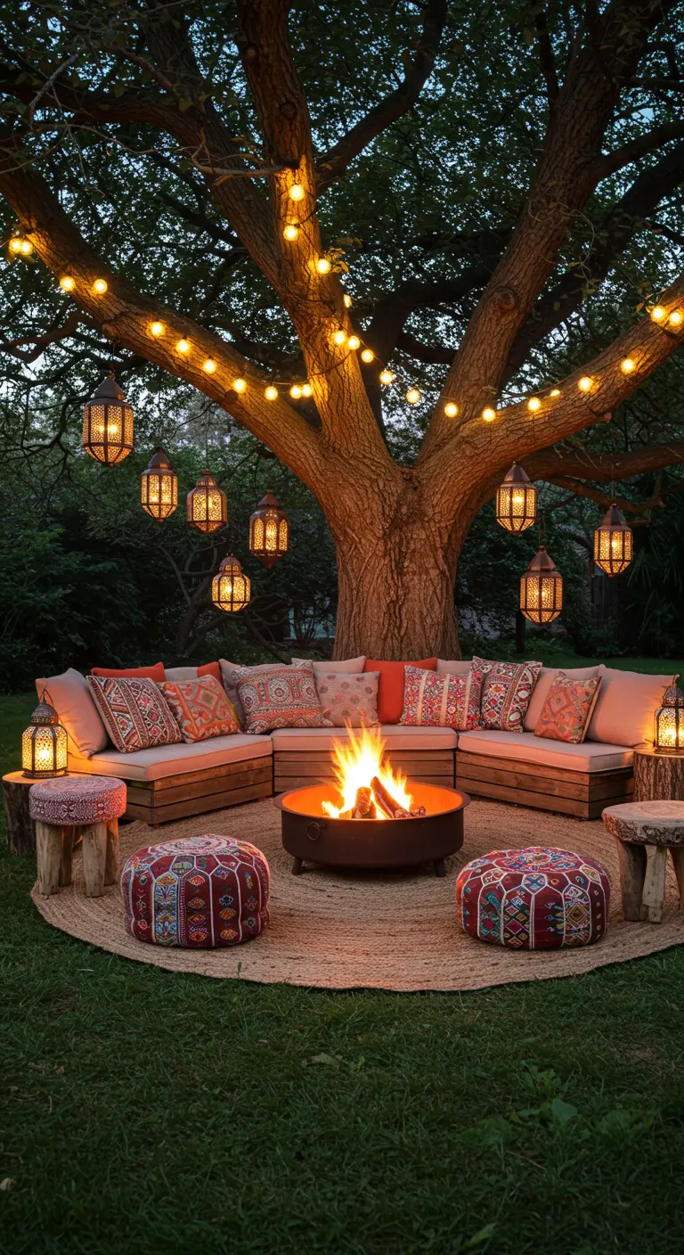 Coin feu extérieur avec un canapé circulaire, des coussins bohèmes et des lanternes suspendues à un arbre.