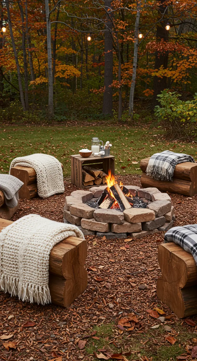 Foyer en pierre entouré de sièges en bûches de bois avec des plaids douillets.