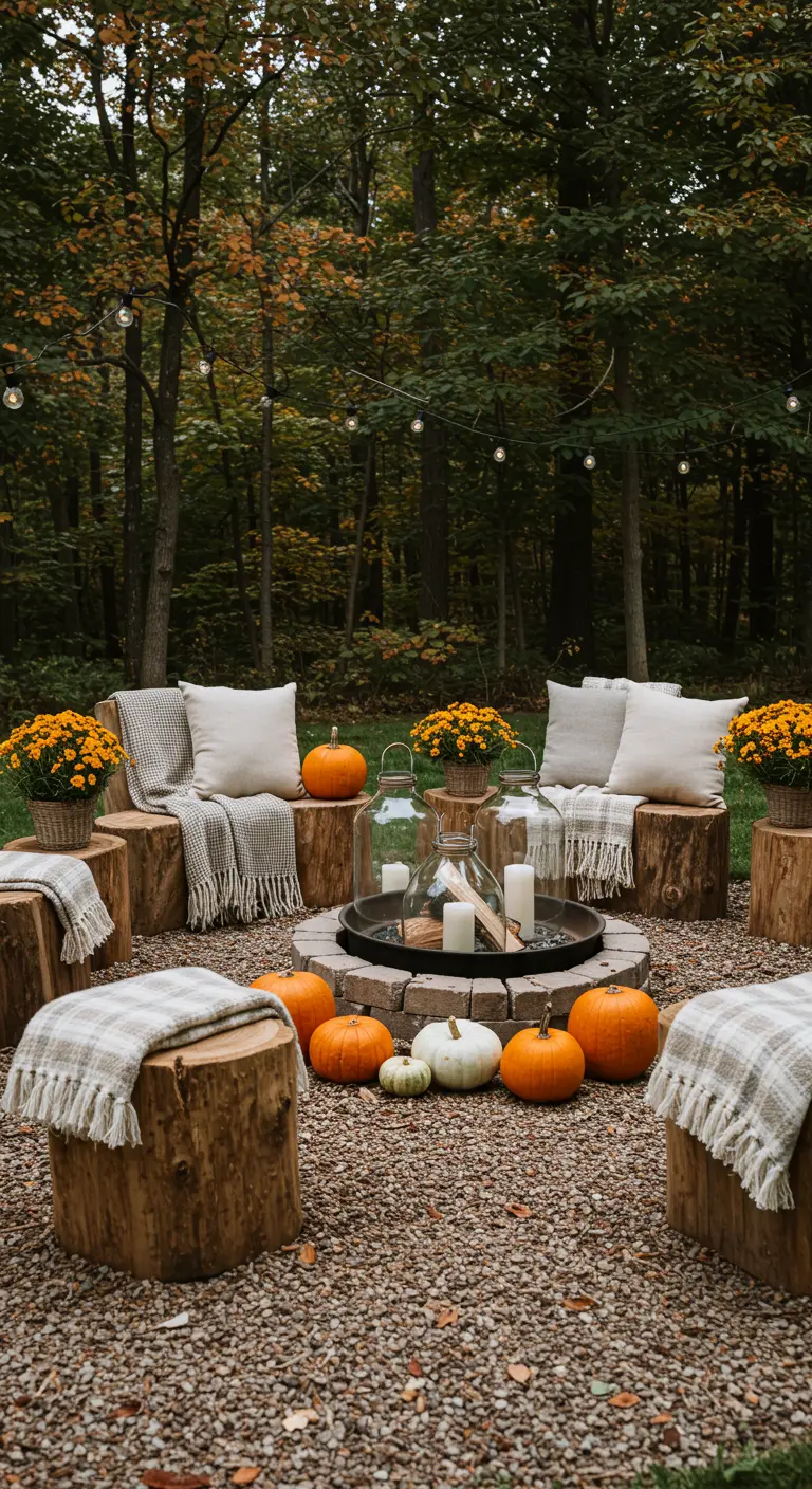 Un coin feu avec des souches en guise de sièges, des plaids et des citrouilles.