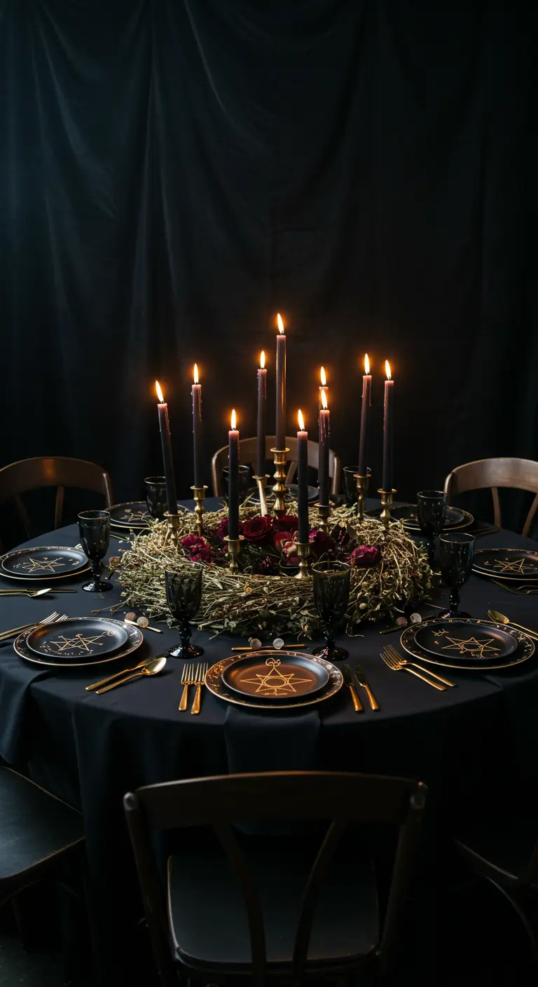Table ronde noire éclairée à la bougie avec un centre de table en couronne de branchages.
