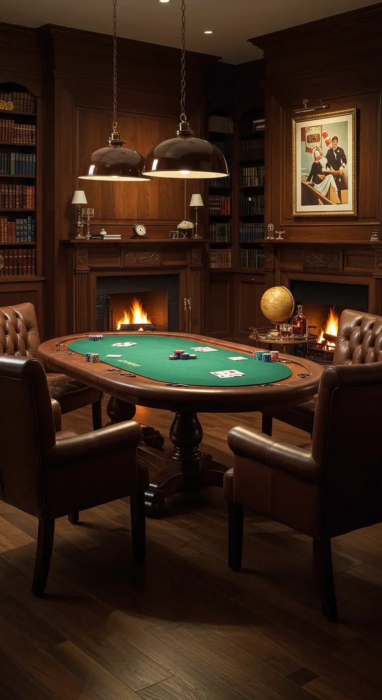 Salon bibliothèque avec cheminée et table de poker.