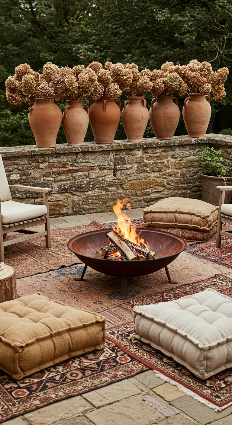 Foyer extérieur sur un tapis oriental, entouré de coussins de sol.