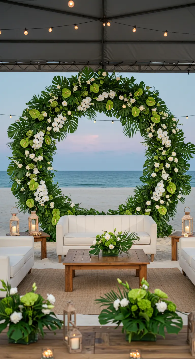 Grande arche florale circulaire blanche et verte, monstera, salon de plage avec canapés blancs.