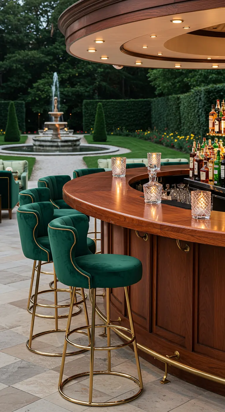 Grand bar circulaire en bois avec des tabourets de luxe en velours vert.