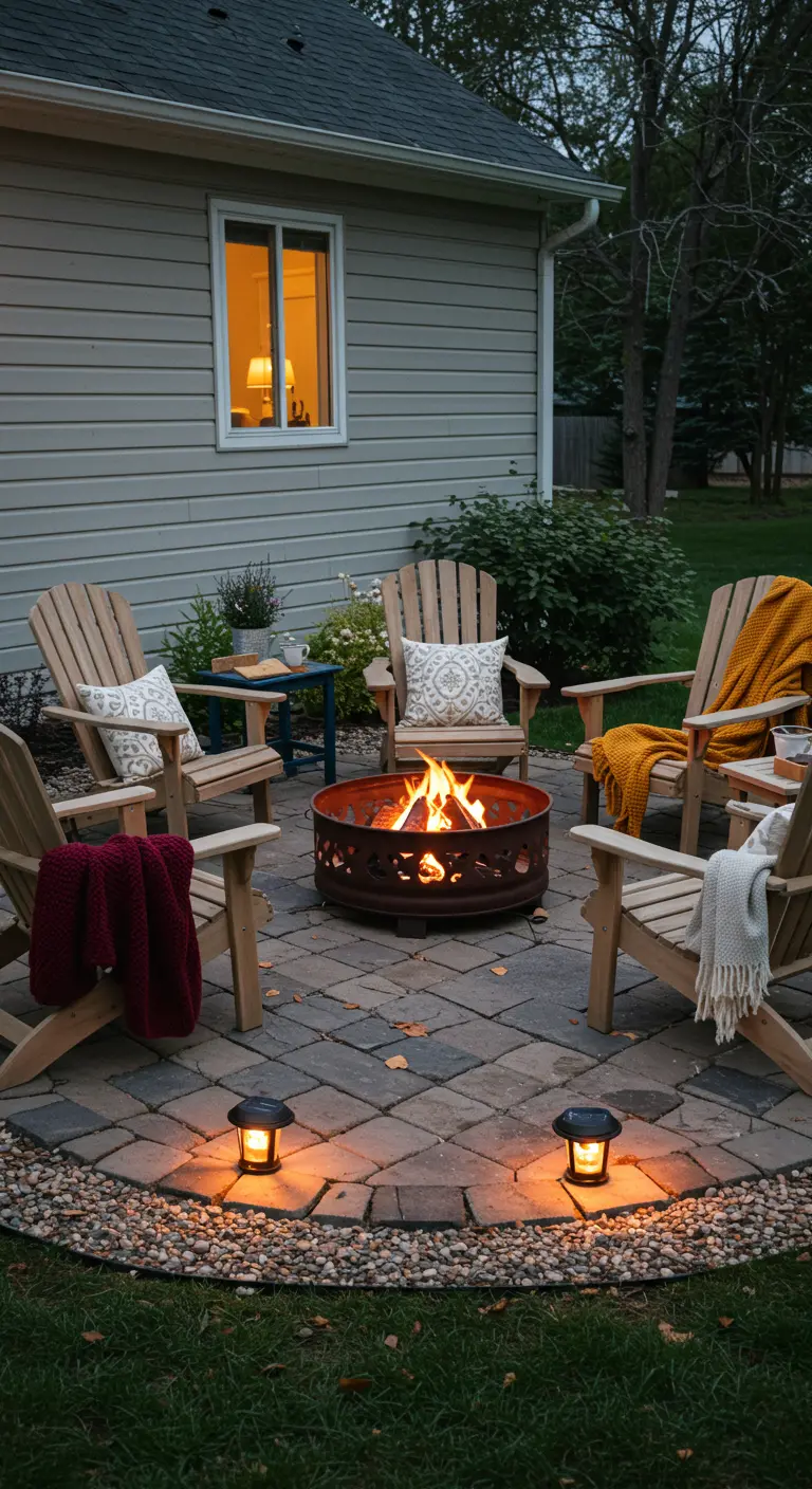 Patio avec brasero décoratif, fauteuils Adirondack en bois, coussins et lanternes solaires