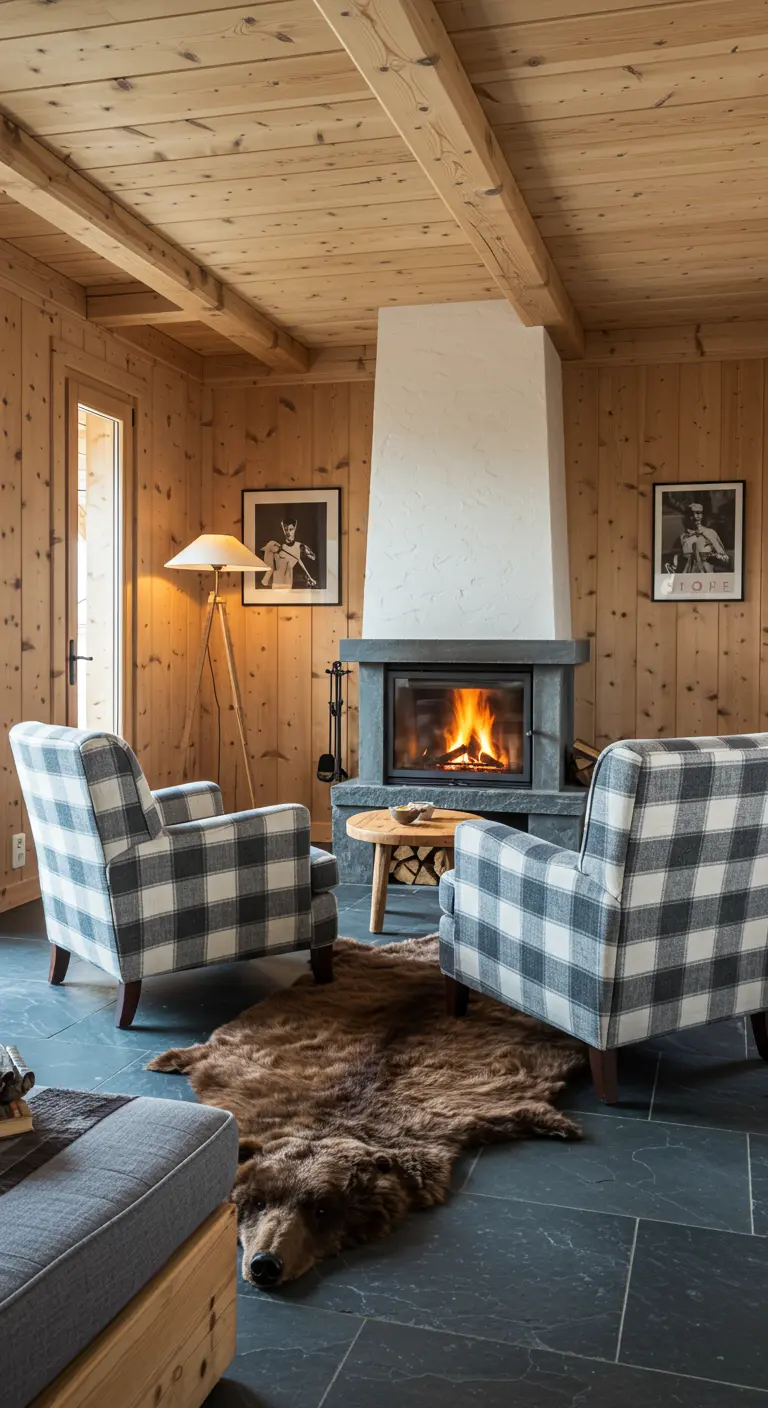 Salon de chalet avec deux fauteuils à carreaux et un tapis en fausse fourrure.