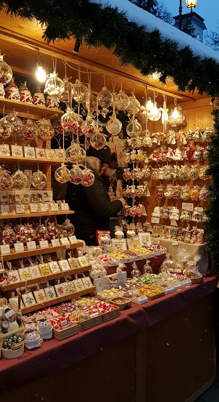 Un stand de marché de Noël rempli de décorations artisanales.
