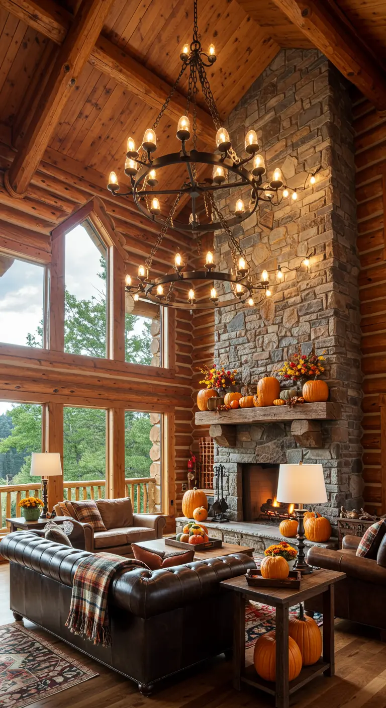 Grand salon de chalet en bois et pierre avec lustre et décorations d'automne