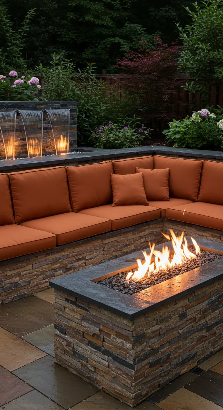 Patio avec un foyer et une fontaine combinés, et une banquette d'angle intégrée.