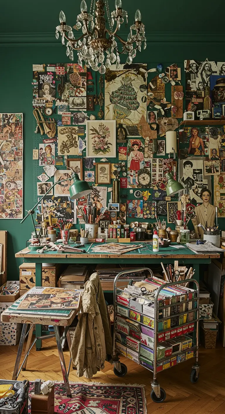 Atelier de collage éclectique avec un mur entièrement couvert d'images et un bureau en désordre créatif.