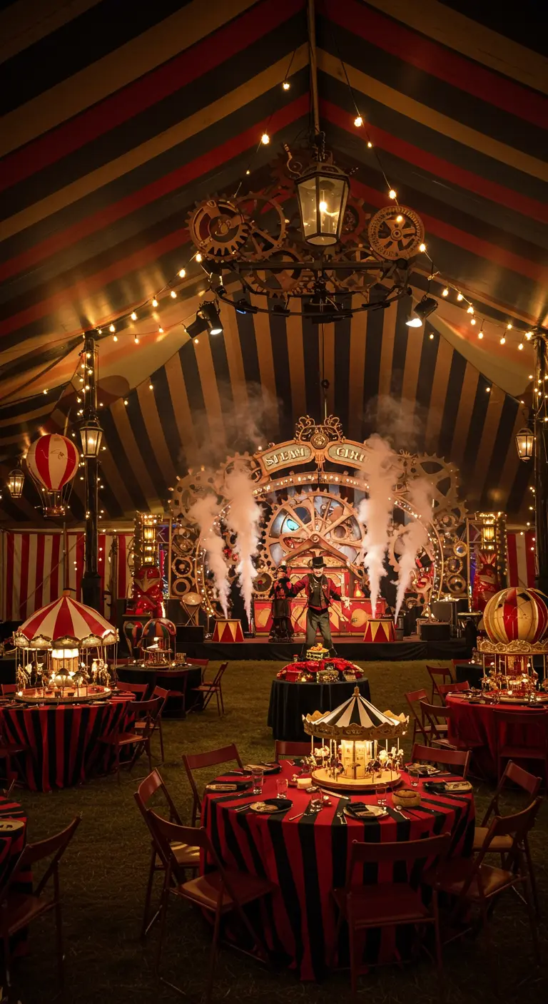 Chapiteau de cirque Steampunk avec rayures rouges et noires, scène mécanique, et tables décorées de miniatures de carrousels.
