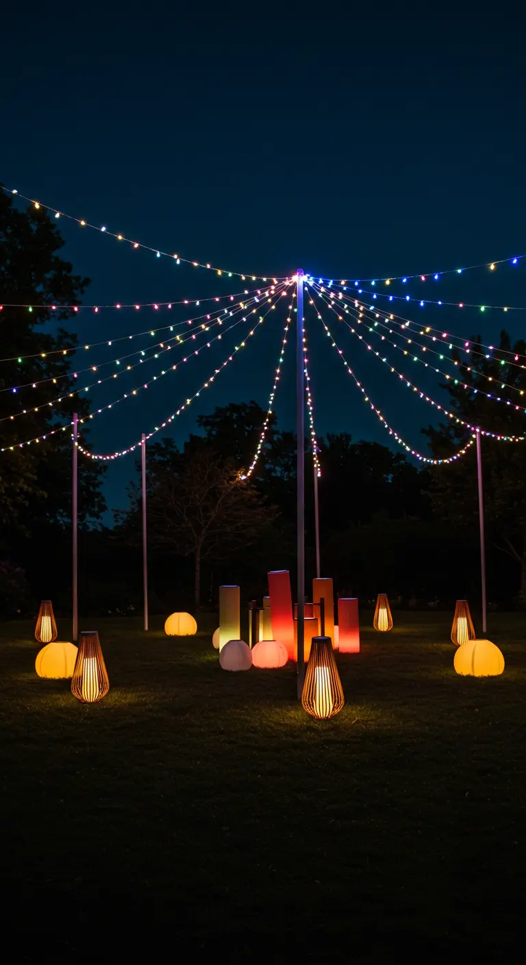 Des guirlandes lumineuses colorées tendues depuis un mât central, avec des lanternes au sol.