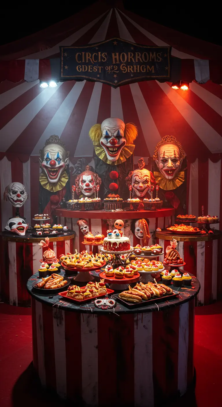 Buffet Halloween thème cirque horreur, masques de clowns géants, fond rayé rouge et blanc.